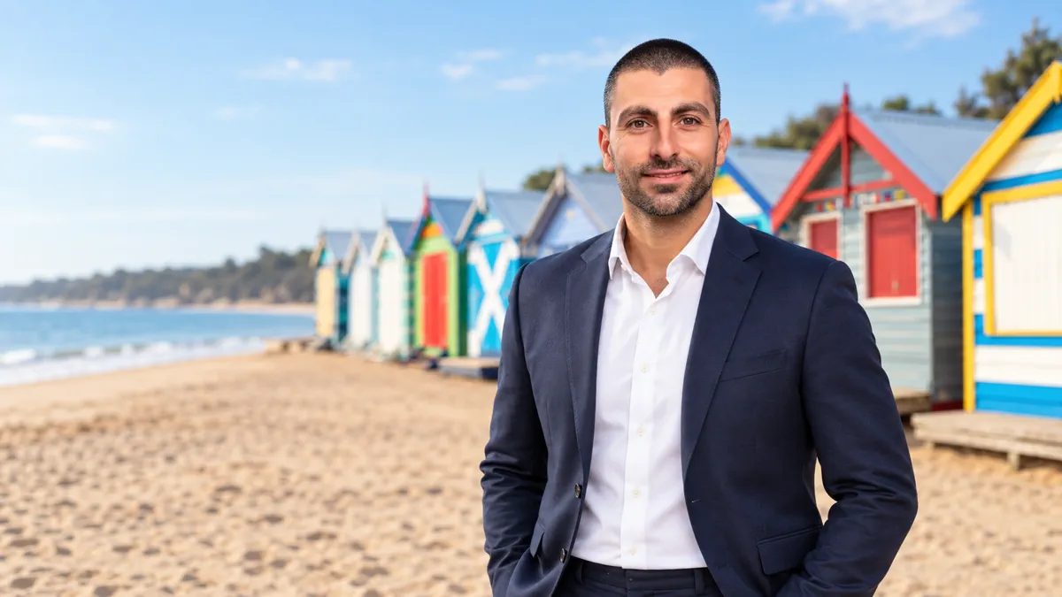 Petros Ttofari at Brighton Beach bathing boxes